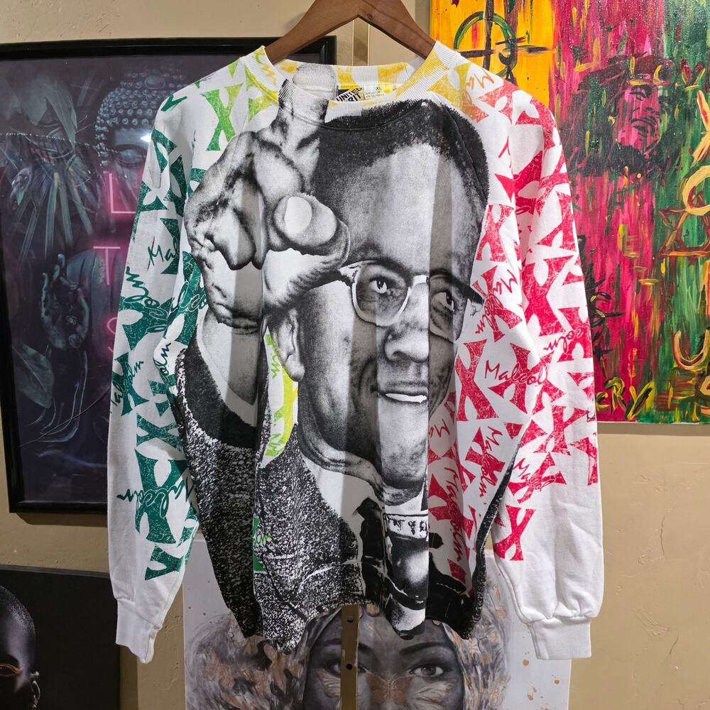 90s Rare Malcom X Black History Double Sided AOP Crew Neck Sweater Size XL